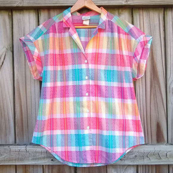 Koret Tops - Vintage Koret Rainbow Plaid Button Down Blouse